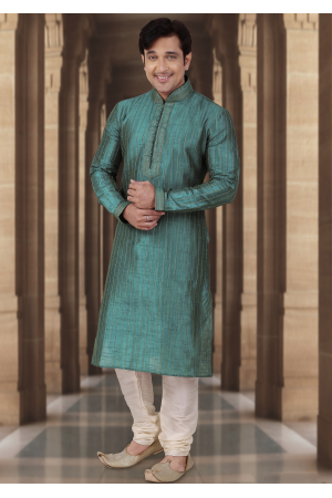 Firozi Color Dupion Fabric Kurta Set